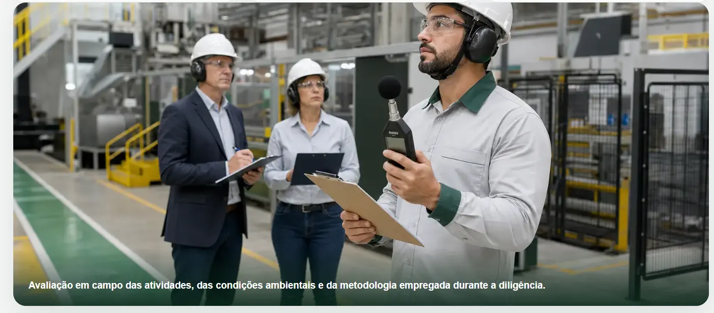 Avaliação em campo das atividades e condições ambientais durante diligência pericial
