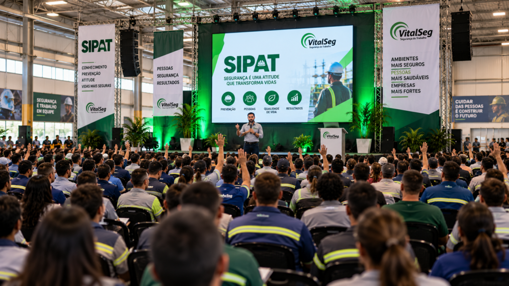 Palestrante em pé diante de um telhado verde com a logomarca da VitalSeg e o título 'SIPAT' em destaque, apresentando um seminário para trabalhadores atentos sentados em um auditório industrial.
