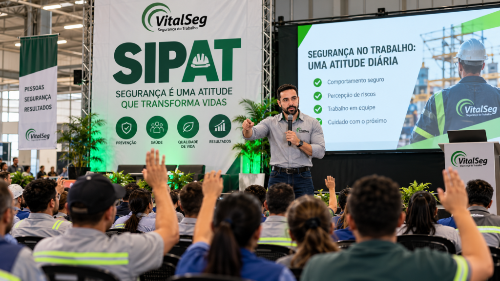 SIPAT com trabalhadores participando de conscientização sobre segurança do trabalho